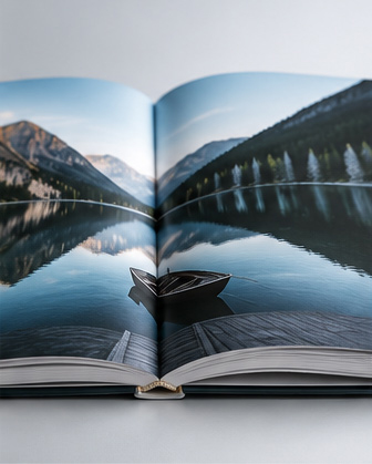 Open coffee table book with lay-flat binding allowing seamless panoramic spreads